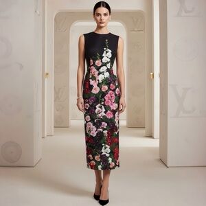 Oscar de la Renta Black Midi Dress with Floral Design